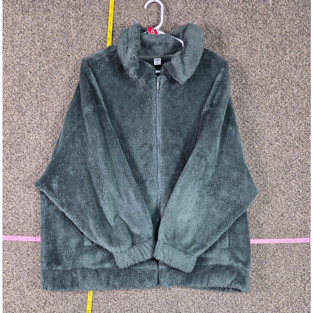 Old Navy Sherpa Fleece Jacket Women M Green Full Zip Plush Faux Fur Coat